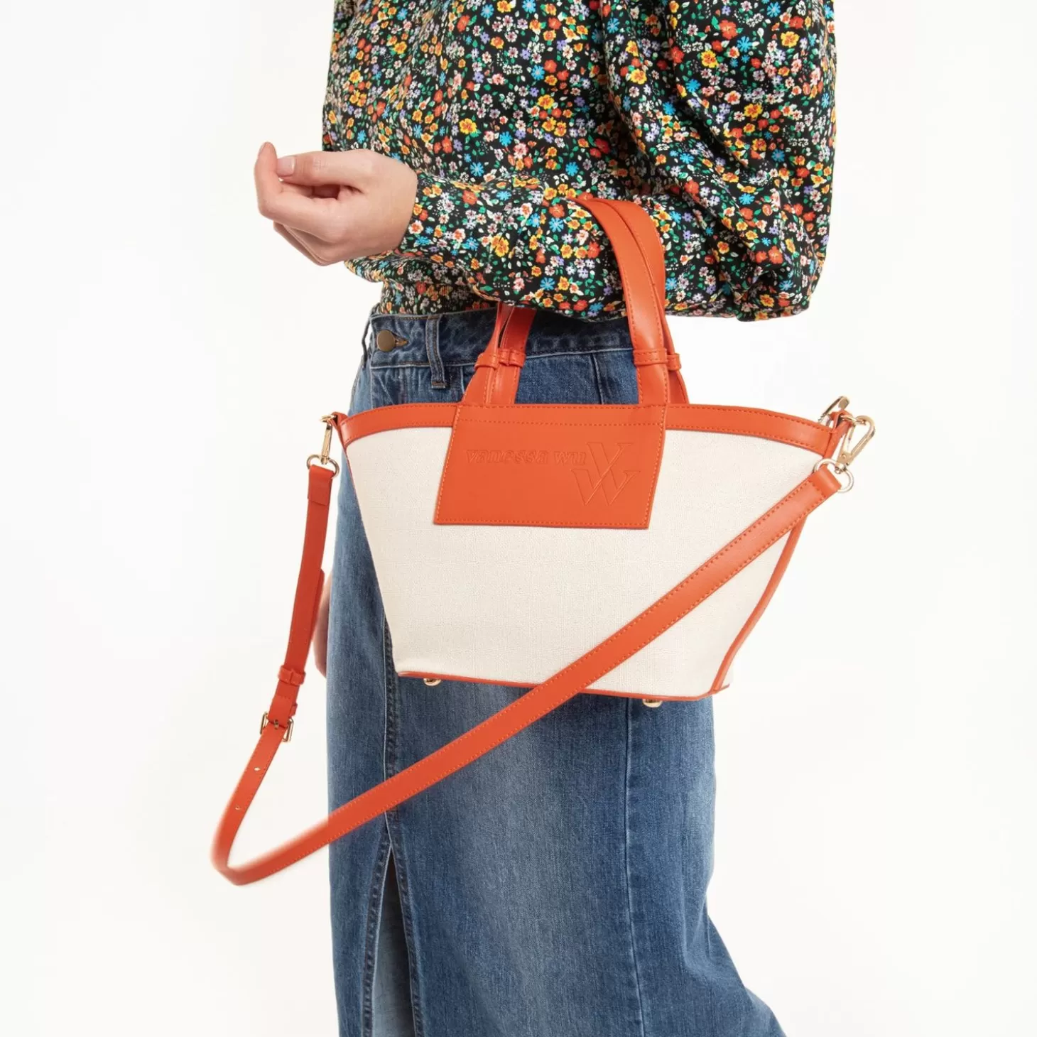 Vanessa Wu Petit Sac Cabas Trapeze Eve Beige Et Orange Clearance